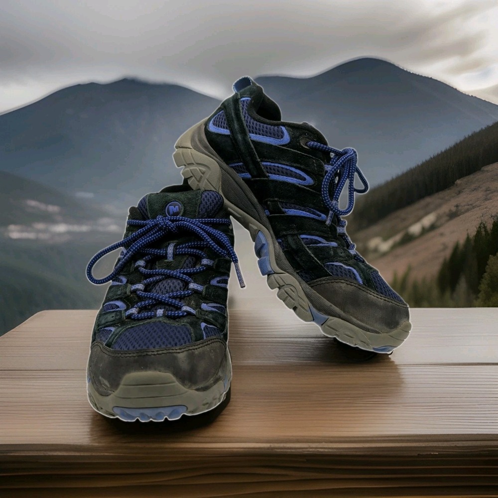 MERRELL Moab 2 Vent Hiking Shoes Women 9 Black Baja Blue Suede Mesh Vibram Trail